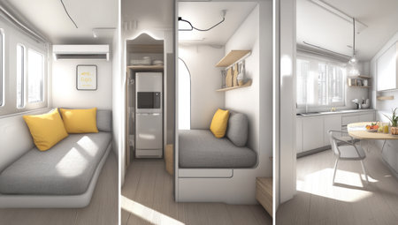 Three renderings of a small apartment's living room and kitchen interior, with white walls and a wooden floor. The sofa is covered in grey fabric with a yellow pillow, and a dining table with chairs is on the right side. The modern-style kitchenette is set up with cooking equipment, and natural light streams in from the windows, creating a cozy atmosphere. --ar 53:30 --v 6.1 Job ID: e4cef0f0-5bd1-4958-8a3a-a85f29022469の素材