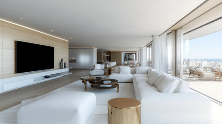 Modern interior design, a living room with a white sofa and light wood flooring, a large TV on the wall, a coffee table in front of the couch, two armchairs, gold side tables, floor-to-ceiling windows, wood-paneled walls, wooden floors, a luxury home, white walls, white ceilings, natural lighting, 3D render, V-Ray rendering, 8K resolution, hyper-realistic, ultra-detailed. --chaos 30 --ar 16:9 --v 6.1 Job ID: 09d1aaff-3f40-4c73-aa66-0dcfa307fd8aの素材