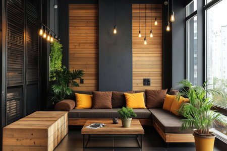 Modern industrial interior design, with black walls featuring brown and yellow accents, wooden furniture, plants, a large window, wooden flooring, a grey color scheme, wood paneling on the walls, a wooden table in front of a sofa with a small green plant on top, hanging light bulbs, a black background, and a wooden box beside the coffee tables. --ar 3:2 --v 6.1 Job ID: a66db06f-6b86-4a50-9851-ce4a1b2846b3の素材