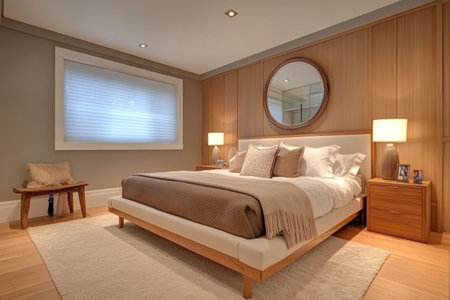 Modern bedroom with light wood paneling, brown and white fabric bed frame, neutral color palette, gray wall panels, beige rug on the floor, large mirror hanging above the headboard, small wooden nightstand nearby, glass door closet in the corner of the room, soft lighting from lamps, contemporary interior design style. --ar 3:2 --v 6.1 Job ID: 3424f561-7346-4587-bd57-faf00a3c1ab9の素材