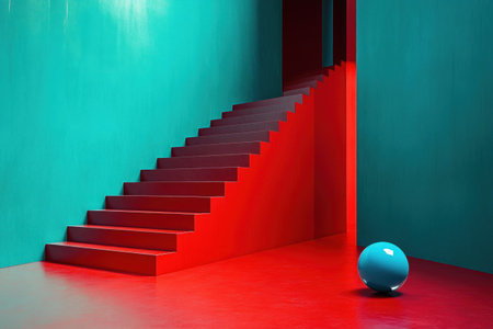 A blue ball rolling down the stairs of an empty red and teal room, in the style of Wes Anderson, with a surreal and hyper-realistic, cinematic feel. --ar 3:2 --v 6.1 Job ID: 149a9a7f-2307-42a0-8d7b-e0947d8f70eeの素材