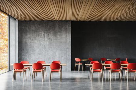 Modern office interior with gray walls, wooden ceiling, and concrete floor with red chairs near desks in front of a black wall. Interior design concept for a business team working or meeting room. 3D rendering, shot on a Sony Alpha A7R IV, with natural lighting. --ar 3:2 --v 6.1 Job ID: c5c77a37-8c79-49b7-a1de-7041621df3aaの素材