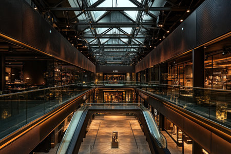 A large shopping mall with glass walls and ceilings, featuring an elegant ceiling design made of metal beams and steel panels, creating an open space that is filled with natural light from skylights above the main floor. The interior features a modern fashion hall adorned with various shops, while visitors move around in perfect harmony under its high-tech lighting system. --ar 3:2 --v 6.1 Job ID: 089d1684-6a2a-48f0-b52b-c06c067bf237の素材