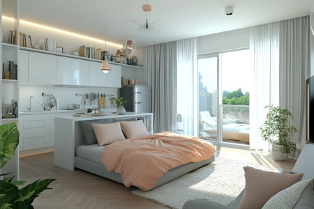 A Scandinavian-style studio apartment with an open kitchen, living room, and bedroom in one space. The color scheme includes light gray walls, white cabinets, soft pastel accents of pink or orange for decor, wooden flooring, large windows with sheer curtains, natural lighting from the outside, a small bed with a beige linen coverlet, a gray sofa with cushions, bookshelves filled with books, and plants on shelves, all in a minimalist interior design. --ar 3:2 --v 6.1 Job ID: cda86f66-6c3c-49b1-b146-355b98ddfc7aの素材