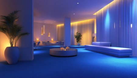 Modern hotel lobby with blue carpet, white walls, and accent lighting. Lounge seating area with a sofa and chairs, a modern coffee table in the center of the room, and a large window with curtains. Night-time scene with ambient lights. Interior design photography, architectural rendering in the style of Mir. --ar 53:30 --v 6.1 Job ID: 1e0dfdca-b00e-4da3-93c9-16078f535ce8の素材