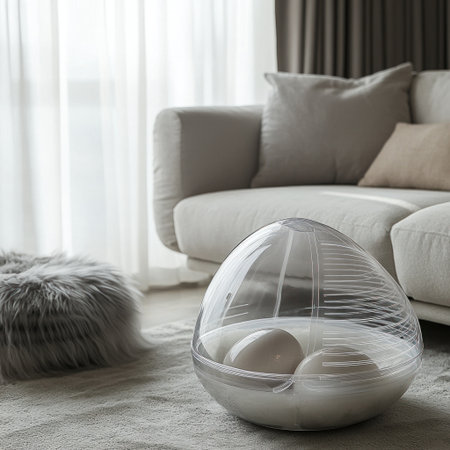 A transparent cat litter box, made of plastic material and shaped like an egg with thin stripes on the side. It is placed in front of a light-colored sofa, accompanied by some gray soft fur. The background features white curtains and gray floors. There's also another object that resembles one or two large eggs. This scene exudes simplicity, elegance, comfort, and modernity, as if it were captured in the style of a professional photographer. --v 6.1 Job ID: aacdf83c-8247-4861-a30f-5d7512673d4fの素材