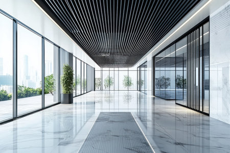 Modern office lobby interior with a black metal slat ceiling, glass windows, and marble flooring. --ar 3:2 --v 6.1 Job ID: b590ec79-e50a-42a2-b737-50edeaa2d0b5の素材