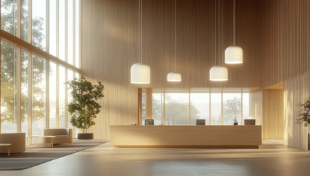 A modern reception desk with wood paneling and white pendant lights in the lobby of an office building, featuring natural light coming through large windows. The space is clean and minimalistic, with neutral tones and contemporary furniture elements like sleek sofas or chairs around it. A plant adds life to the room's decor. This scene captures the essence of professional business architecture, showcasing how interior design can create inviting spaces for clients and employees. Photographed using a Sony Alpha A7R II camera and Fujifilm film. --ar 53:30 --v 6.1 Job ID: fc4e5d78-fd02-414b-af32-cd9b8ef5cf69の素材
