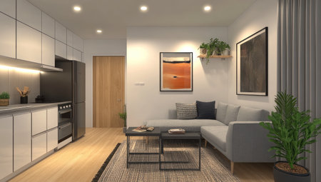 A modern and minimalistic living room with white walls, wooden floor, grey sofa and black coffee table, and small kitchenette on the left side of wall. On one end there is an artwork hanging above couch, with other end featuring a plant in pot standing near door frame. The space also has lighting strip lights on ceiling. A rug lies under coffee table. There's light coming from window on right hand side. In front view, camera angle looking at the entrance to apartment through open door. --ar 53:30 --v 6.1 Job ID: 2fb90aee-2f35-437c-a7d8-3d248702d621の素材