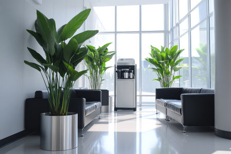 Photograph of a modern office waiting area with black leather sofas, a white metal coffee machine, and plants in tall silver planters on the floor. Minimalist style. --ar 3:2 --v 6.1 Job ID: 952fb4e6-195f-4453-8d11-f9c6e370183aの素材