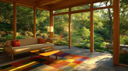 Modern living room with a sofa, coffee table, and a colorful carpet in the center of an open-space house interior design. The walls are white, the floor is covered in grey tiles, and there are large windows with wooden frames overlooking the garden view. The room is brightly lit by lamps on the ceiling. --chaos 30 --ar 16:9 --v 6.1 Job ID: 06e9efe6-e5cb-4836-852c-07033524e3cfの素材