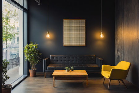 A modern, minimalist interior design of an office lounge area with dark gray walls and wooden floors. A large window on the left side at eye level provides a view of the outdoors. The room features a black leather sofa, a yellow chair, and a rustic wood coffee table made from reclaimed oak. On one wall, there are three vintage bulb lights. In front of them, there is a small plant. In front of that, there is another smaller, light-colored, distressed plaid artwork on the wall. --ar 3:2 --v 6.1 Job ID: ef8b36b6-20a6-4dc6-92d7-3f0862e3b5b1の素材