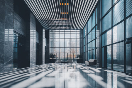 A photograph of the entrance hall in an office building, featuring black and white metal slats on its ceiling. The walls feature light gray marble with large windows that provide natural lighting for the interior decor. There is also some furniture, such as sofas and chairs, placed inside to create an elegant atmosphere. This scene was captured using a Canon EOS R5 camera. --ar 3:2 --v 6.1 Job ID: 92daf9c6-9871-4dd8-bb56-ba942a24b7f0の素材