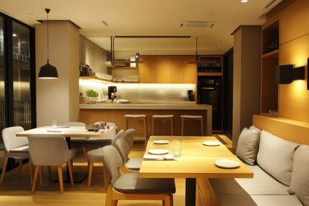 A small apartment in a modern style, with a kitchen and living room featuring white walls, a light gray sofa, wooden cabinets, and warm yellow lighting. --ar 3:2 --v 6.1 Job ID: 45e922a6-d1d8-4e8e-b1f8-1039b054d88fの素材