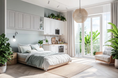 An interior design of a small studio apartment in the style of Scandinavian style, with an open kitchen and living room area for one person, a pastel color scheme, light grey walls, white cabinets, a wooden floor, a bed on the left side, a sofa against the wall by the window, potted plants on the windowsill, curtains on the right side window, and natural lighting from a large glass door. --ar 3:2 --v 6.1 Job ID: c0e0a8e4-c49a-4912-a604-fb25eb5ffcfaの素材