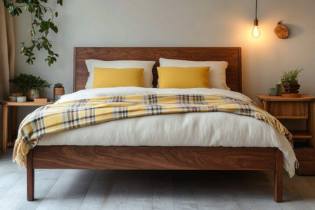 A wooden bed with white and yellow pillows, a plaid blanket on it in a bedroom interior design, modern home decor, minimalist style, with a wall lamp, and wooden side tables with plants. --ar 3:2 --v 6.1 Job ID: 026508e8-e43b-4216-be6f-f3499330a213の素材