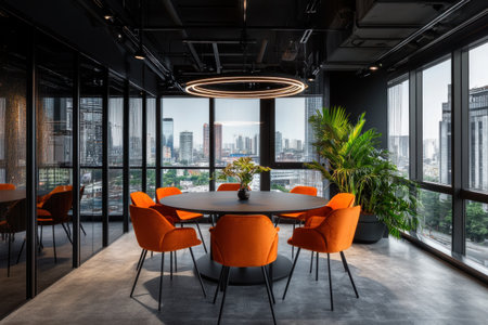 Modern interior of an office with black walls, gray floor and orange chairs around round table. Large windows show the cityscape outside. The space is empty for professional photography or rendering. --ar 3:2 --v 6.1 Job ID: 901f199c-20ff-40dc-bc79-757fc3f4f503の素材