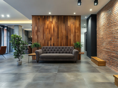 Modern interior, a sofa against the wall with wooden panels, a gray floor, and brown brick decoration. --ar 4:3 --v 6.1 Job ID: c59073cb-5075-48b0-9c89-391af79e171dの素材