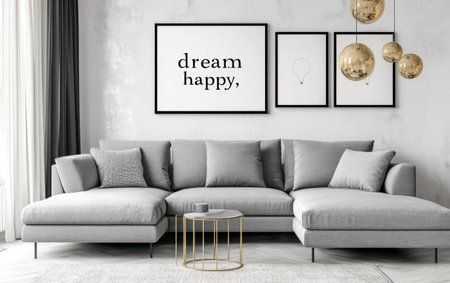 Modern living room with a grey corner sofa and white walls, wall art featuring black frames with the text "dream happy," and gold accessories. Minimalist home interior design of a modern studio apartment or house. --ar 8:5 --v 6.1 Job ID: 5061a4ae-8e48-4ebd-a036-dd171dd61529の素材