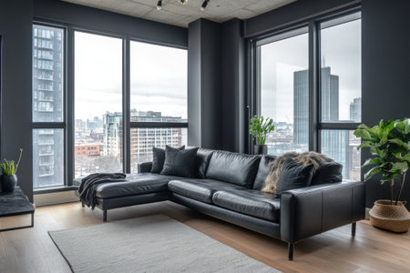 A black leather sofa in the corner of an open-plan living room, with floor-to-ceiling windows and dark gray walls, featuring a modern style, interior design photography, dark tones, a black color scheme, low saturation, and a minimalist decorative style. The sofa is placed on the left side, creating a strong contrast between light and shadow, adding depth to the scene. A vase filled with green plants adds life and vitality. The image has a real-life photoshoot style with ultra-high definition. --ar 3:2 --v 6.1 Job ID: df01e757-90bc-4e0c-a06b-738dae24a9bcの素材