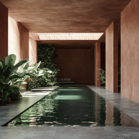 3D render of a minimalistic interior design, featuring a pool with water and green plants, smooth textures, terracotta walls, green accents, modern architecture, daylight, architectural rendering, in the style of V-Ray tracing, in the style of Octane render, cinematic. --v 6.1 Job ID: 4d396aa6-ed9a-442d-9ad7-70097c89211bの素材
