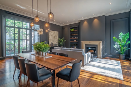 Dark gray walls in an elegant living room with a dining table and chairs, a wooden floor, a gray sofa, a white carpet, a fireplace, plants on shelves, decorative light fixtures hanging from the ceiling, an interior design concept. --ar 3:2 --v 6.1 Job ID: 1194b9f7-ee95-442b-b7ce-1aabbd6c0558の素材
