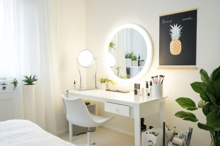 A clean and modern makeup room with white walls, a large mirror on the wall, a table for makeup in front of it, a chair to sit next to the table, a blackboard hanging above the desk for interior design, a poster of a pineapple printed on a paper frame hanging on the side, a small shelf under the stand holding some beauty products, soft lighting from a lamp, and a white carpet flooring. This is a photography shot taken at a wide angle. --ar 3:2 --v 6.1 Job ID: 6565f19d-3b18-46ca-9ef6-8c1602766e63の素材