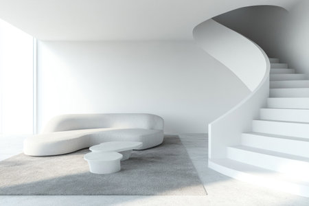 Minimalist interior design of a modern living room with a sofa and coffee table near a staircase in white color, with a grey carpet on a concrete floor. Minimal home decor concept. Copy space. High quality. --ar 3:2 --v 6.1 Job ID: 0c73671b-5531-4157-922d-9e8aeac94d4cの素材