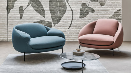 A photo of an elegant, white brick wall with a teal blue sofa and a pink armchair in front of it. A large leaf-patterned wallpaper covers the background. The room is decorated in a modern style with a grey rug on top of light wood flooring. There's also a small round table near one chair that has some decorative items placed on it. In the foreground, there's a glass coffee table sitting next to another empty, transparent basket or bowl on the ground. --chaos 30 --ar 16:9 --v 6.1 Job ID: a5cc83e6-a8e9-4d30-bebf-047fa4052c44の素材