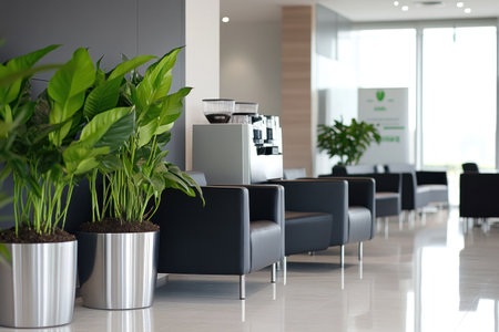 Photograph of a modern office waiting area with black leather sofas, a white coffee machine, and plants in sleek silver planters on the floor, in high resolution. --ar 3:2 --v 6.1 Job ID: b7fb3395-bf2a-429a-ad6d-fbca17e9c231の素材