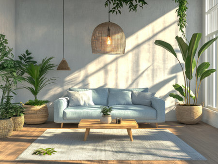 A simple living room with a light blue sofa, wooden floor, and white wall mockup background. The room includes a coffee table, plants along the walls, and a lamp hanging from the ceiling, showcasing a minimalist style interior design concept. This is a 3D rendering illustration in high definition resolution. --ar 4:3 --v 6.1 Job ID: 044b3a4a-b831-4372-a1bc-56510287aac3の素材