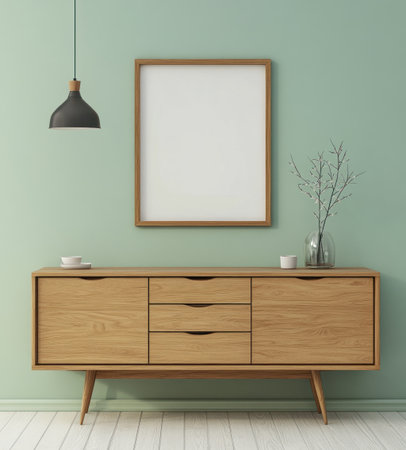A solid oak wood sideboard with three drawers and two doors, in the Scandinavian style interior design, with a light green wall in the background. A blank poster frame is hanging on the wall above it. The image is photo-realistic, with high resolution and high detail, shot using a Canon EOS camera. --ar 9:10 --v 6.1 Job ID: 507998a7-4981-4d89-80b3-68d1184b8194の素材