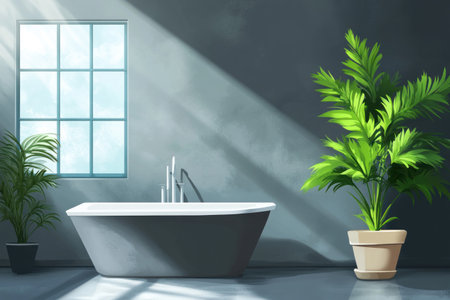 Modern gray bathroom interior with a concrete floor, a bathtub, and a sink on the side of a window with a green plant. --ar 3:2 --v 6.1 Job ID: 5ce8e7e6-35e9-40e7-ab1f-6556ad376999の素材