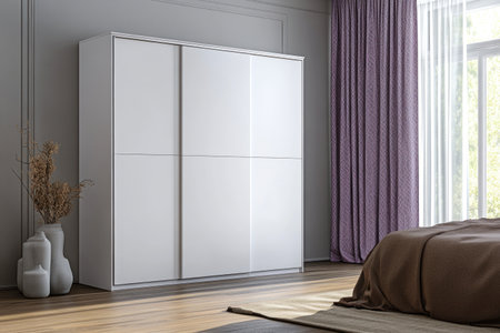 A large white wardrobe with sliding doors is located in the center of an empty room. The floor is made of wood, and on one wall, there hang purple patterned curtains. The interior design style uses modern elements of contemporary home decor. In front of the wardrobe stands a brown bed linen. Some beige accessories would help create a cozy atmosphere. This photo was taken using a Canon EOS R5 camera. --ar 3:2 --v 6.1 Job ID: 59171943-9463-4282-bca8-daa61616bb29の素材