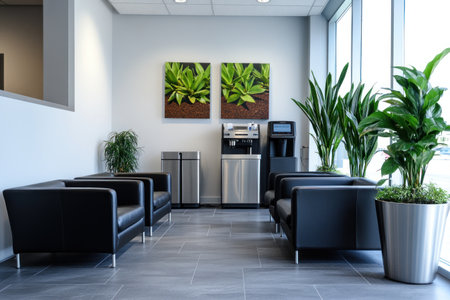 Modern office waiting area with black leather sofas, white walls, and a coffee machine in the corner, grey floor tiles, plants on tall planters, and modern decor in the style of professional photography. --ar 3:2 --v 6.1 Job ID: d4c9f5b2-3ba9-41fd-b391-d8910c1316f7の素材