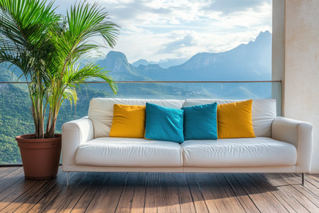 Photo of a white leather sofa with turquoise and yellow pillows in an empty room with a wooden floor, against a beige wall. The space is clean and minimalistic. There is also one potted plant near the couch. --ar 3:2 --v 6.1 Job ID: bbf3053a-f8bf-4598-928c-2ce1e1ccbc6fの素材