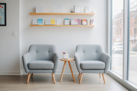 A simple and minimalistic photograph of two gray armchairs with light wooden legs, placed in front of each other to create a seating area for conversation or relaxation. A small side table stands between them on the floor, and behind it is a white wall with shelves holding various office supplies like notepads, stationery, and books. The room has large windows that provide natural lighting from outside, creating soft shadows inside. It's set against a clean white background. --ar 3:2 --v 6.1 Job ID: f2aa7746-3192-4ece-9dd0-0532180a0a20の素材