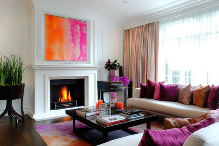 Elegant white fireplace in an elegant living room with pink and orange abstract wall art, wooden floor, plants on stands, coffee table books, sofa, curtains, white walls, and a modern sideboard cabinet. --ar 3:2 --v 6.1 Job ID: e1db34b7-c7f3-42c0-b656-103d01122e74の素材