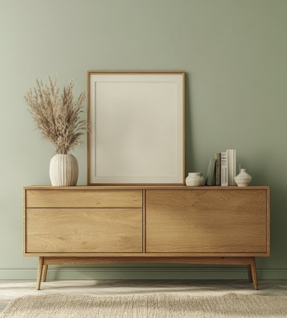 A modern oak sideboard with three drawers and two doors stands against an empty light green wall. The cabinet is placed on the floor of a living room decorated in the Scandinavian style. On top, there is a white picture frame. In front of it, there are some vases and books. There is also carpeting underfoot. --ar 9:10 --v 6.1 Job ID: 1369b9d4-6a2a-4cdb-8d6b-2c2f6176e9d8の素材