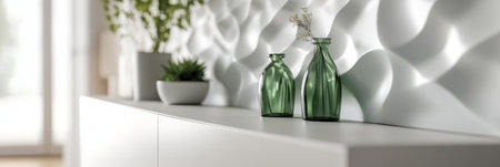 White sideboard with small vases and plants on top, close-up, focus on the cabinet in the foreground, blurred background of living room interior design, Scandinavian style, white walls, wooden floor, close-up of furniture details, green glass bottles, minimalist decor, bright light from the window, soft natural lighting, professional photography. --ar 3:1 --v 6.1 Job ID: dc508c06-2c5d-4bd5-b3ad-975f05748010の素材