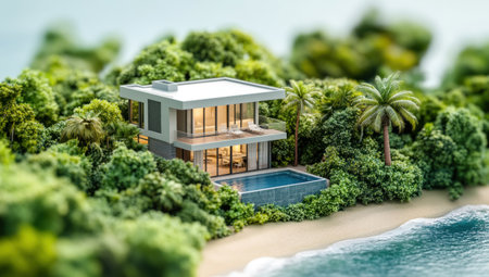 Isometric view of a modern villa on the beach with a swimming pool, surrounded by lush greenery and palm trees, isolated against the blue ocean water, with a tilt-shift lens effect, giving it a miniature-like appearance. High resolution. --ar 53:30 --v 6.1 Job ID: 8273a9bc-c80f-45e0-b51e-52627d4239b3の素材