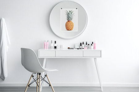 White room with a makeup table, chair, and mirror on the wall. This stock photo won a contest, and it has been featured in an interior design magazine. It would be perfect for a beauty salon's decor. The room has a white desk with makeup accessories, a large round frame mirror, and a poster of a pineapple. The floor is gray, and the room is brightly lit. --ar 3:2 --v 6.1 Job ID: 520a1eb8-509d-4164-a003-670b3d2816f6の素材