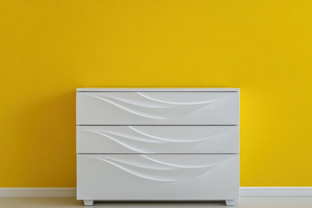 Minimalist interior design of a modern home entryway with a white chest of drawers and a yellow wall background, with ample copy space. --ar 3:2 --v 6.1 Job ID: 2b2f6bfc-4b2d-4086-b5d6-0bedd2679829の素材