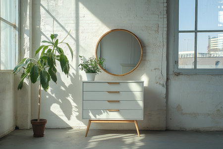 A white chest of drawers with three long drawers stands against the wall in an empty room. Next to it is a round mirror and potted plants on wooden legs. The interior design style features light colors, a large window through which sunlight shines into the space, creating soft shadows. There is no other furniture or decor around, only minimalistic elements that emphasize natural materials such as wood and fabric. --ar 3:2 --v 6.1 Job ID: 6db7c3ac-898d-4200-bb95-8e2911c1d4c9の素材