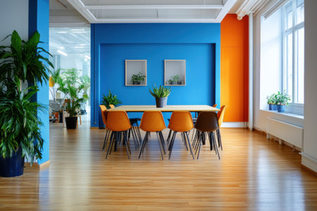 Blue wall in a modern office with a wooden floor and a meeting room table with chairs. --ar 3:2 --v 6.1 Job ID: 337677b6-3ff0-4b1c-b5a0-e0ef41d7337fの素材