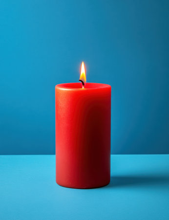 A red candle on a blue background, simple, minimal, clean, and straightforward. High-resolution product photography. --ar 23:30 --v 6.1 Job ID: 8bd380d3-f3cc-4365-824b-3102727fab7eの素材