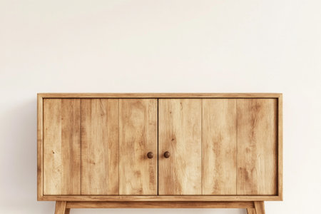 A photograph of a sideboard with a white wall behind it, in a mid-century modern style, with warm tones, a front view, as a product photograph, against a white background, with a minimalistic, clean, and simple design. --ar 3:2 --v 6.1 Job ID: 26224c8e-af2d-49b5-b458-dbdf78498eb8の素材