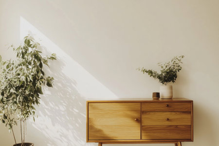 A photograph of a sideboard with a white wall behind it, in a mid-century modern style, with warm tones, a front view, as a product photograph, against a white background, with a minimalistic, clean, and simple design. --ar 3:2 --v 6.1 Job ID: 26224c8e-af2d-49b5-b458-dbdf78498eb8の素材