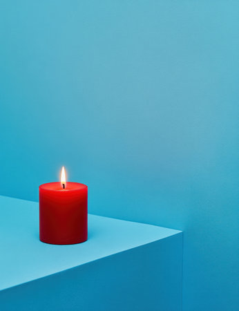 A red candle is placed on the left side of an isolated blue background, with its flame burning brightly against the solid color backdrop. The simplicity and minimalism in the composition highlight details such as texture and shape. This photograph features a clean aesthetic with no clutter or elements that extend beyond the candle's body. --ar 23:30 --v 6.1 Job ID: aaa33cb3-6de0-4ec6-936a-33d561d25737の素材