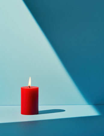 A red candle is placed on the left side of an isolated blue background, with its flame burning brightly against the solid color backdrop. The simplicity and minimalism in the composition highlight details such as texture and shape. This photograph features a clean aesthetic with no clutter or elements that extend beyond the candle's body. --ar 23:30 --v 6.1 Job ID: aaa33cb3-6de0-4ec6-936a-33d561d25737の素材